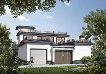 農(nóng)村平屋頂中式合院設(shè)計(jì)圖，帶車庫帶庭院