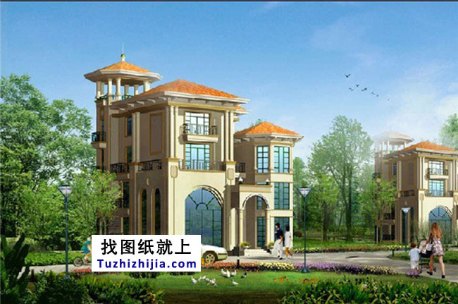 高檔四層帶塔樓歐式別墅設(shè)計圖紙