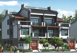 徽派新農(nóng)村三層雙拼別墅效果圖及施工圖，18x12米