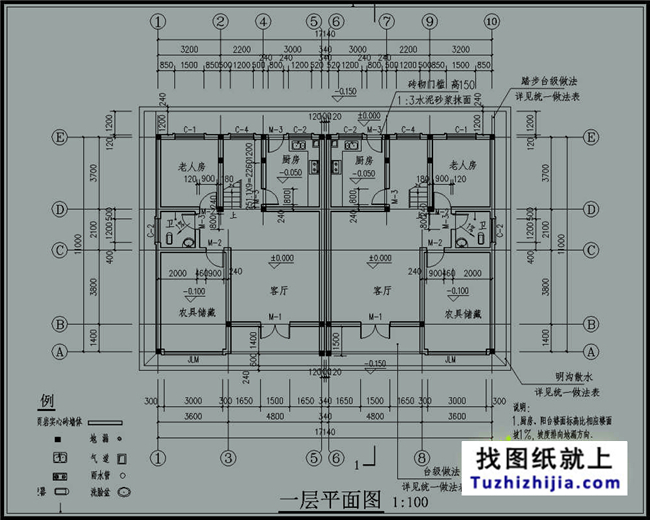 180平方米新農(nóng)村雙拼戶型別墅房屋設計圖紙帶外觀圖,17X11米