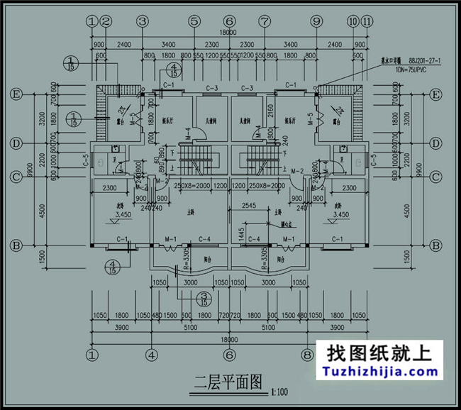 190平方米雙拼樓房設(shè)計(jì)施工圖紙帶外觀，18x11米