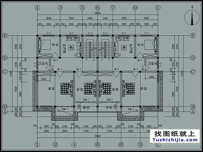  235平方米三層雙拼別墅CAD設(shè)計(jì)圖紙，19x12米