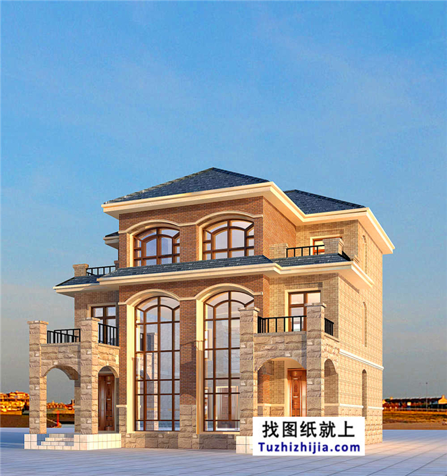 175平方米歐式三層雙拼別墅設(shè)計(jì)施工圖紙及效果圖，12x13米