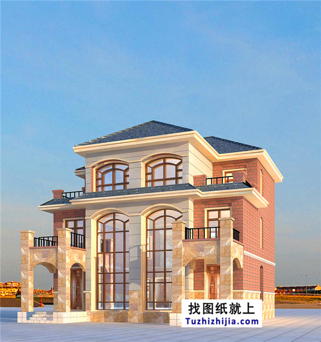 175平方米歐式三層雙拼別墅設(shè)計(jì)施工圖紙及效果圖，12x13米