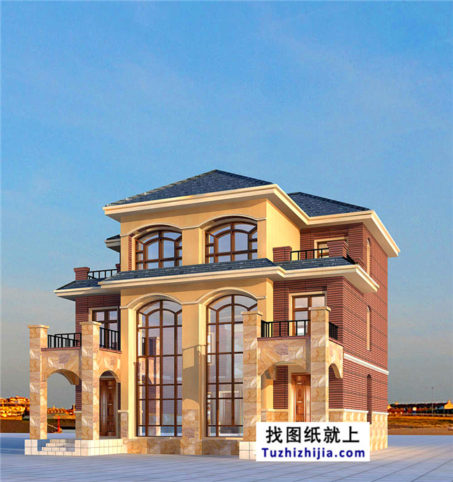 175平方米歐式三層雙拼別墅設(shè)計(jì)施工圖紙及效果圖，12x13米