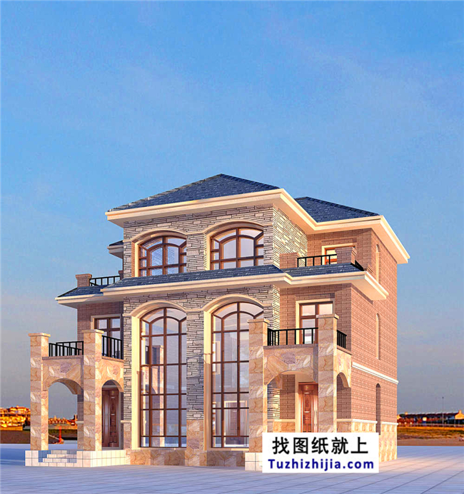 175平方米歐式三層雙拼別墅設(shè)計(jì)施工圖紙及效果圖，12x13米