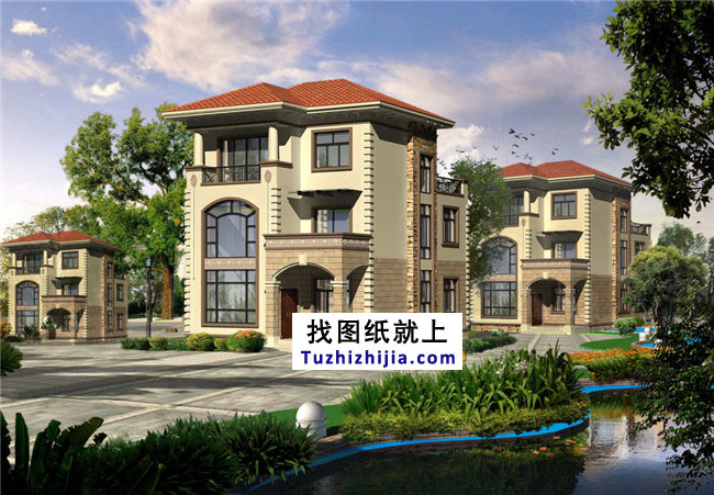 地中海風(fēng)格三層別墅設(shè)計(jì)圖紙，帶外觀效果圖