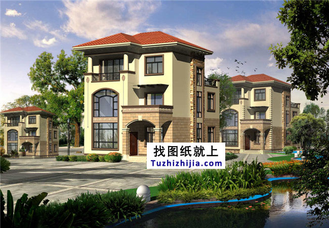 地中海風(fēng)格三層別墅設(shè)計(jì)圖紙，帶外觀效果圖