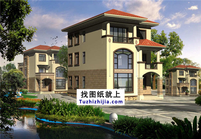 地中海風(fēng)格三層別墅設(shè)計(jì)圖紙，帶外觀效果圖