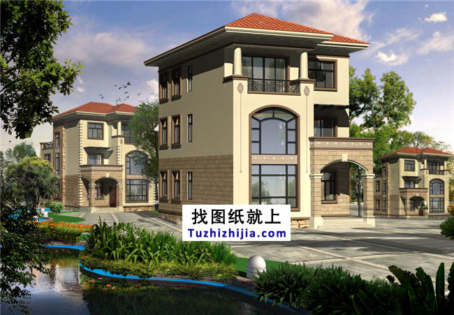 地中海風(fēng)格三層別墅設(shè)計(jì)圖紙，帶外觀效果圖