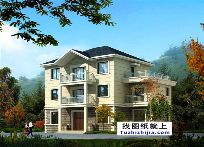 帶露臺的三層新農村房屋別墅設計施工圖紙及效果圖