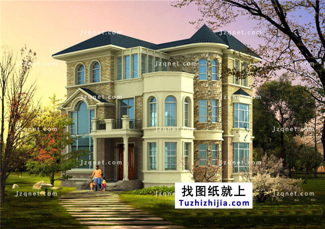 歐式豪華三層別墅設(shè)計(jì)圖紙，含外觀效果圖+施工圖