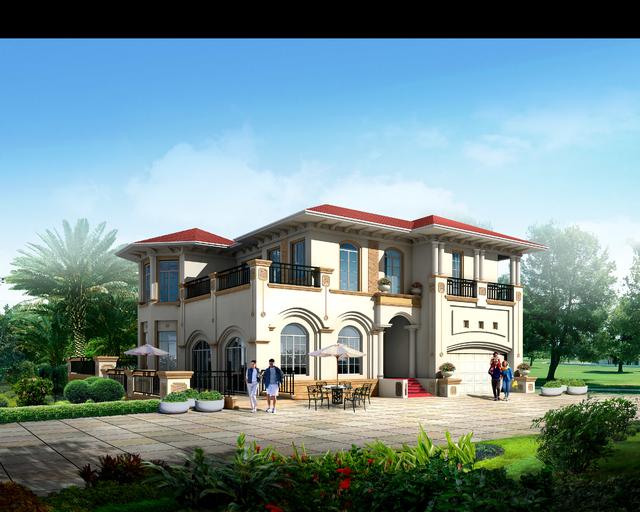 時尚歐式二層農(nóng)村小別墅設計圖 雙車庫帶露臺造型大氣