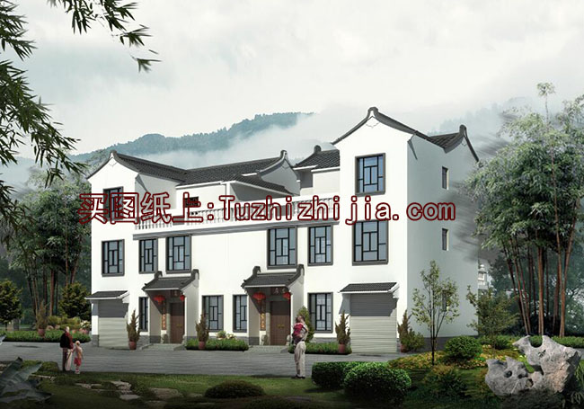 徽派三層雙拼別墅設(shè)計圖和外觀效果圖，徽派設(shè)計方案精選