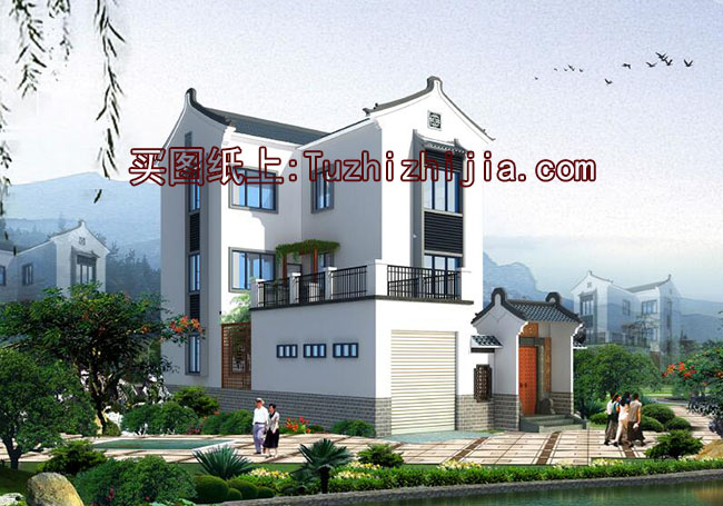 客家風(fēng)格別墅建筑設(shè)計(jì)圖，帶外觀效果圖，帶院子