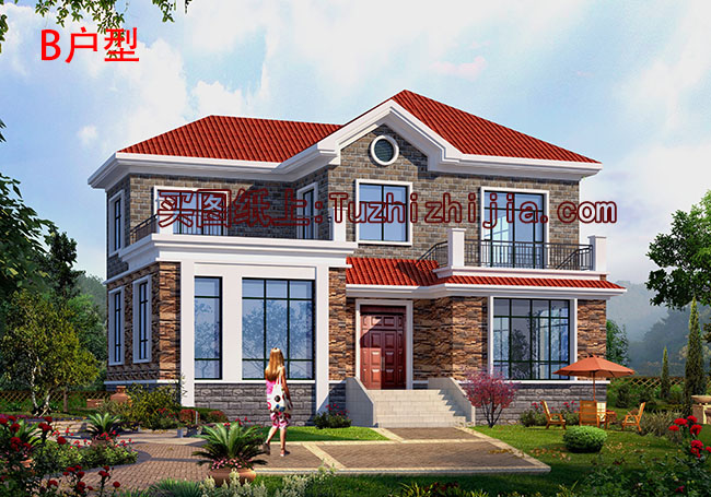 地中海風格二層別墅房屋設計圖，帶外觀效果圖