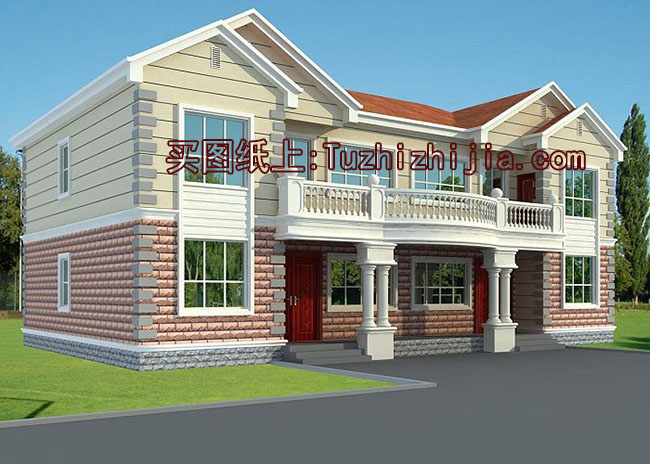 二層復(fù)式雙拼別墅設(shè)計圖（客廳中空），含外觀效果圖