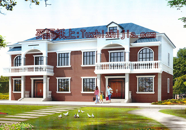 帶閣樓兩層半雙拼別墅房屋設(shè)計圖，帶外觀效果圖