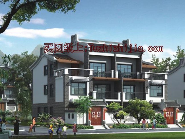 徽派新農(nóng)村三層雙拼別墅效果圖及施工圖，18x12米