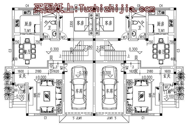農(nóng)村中式兩層雙拼別墅房屋設(shè)計(jì)圖，含效果圖片