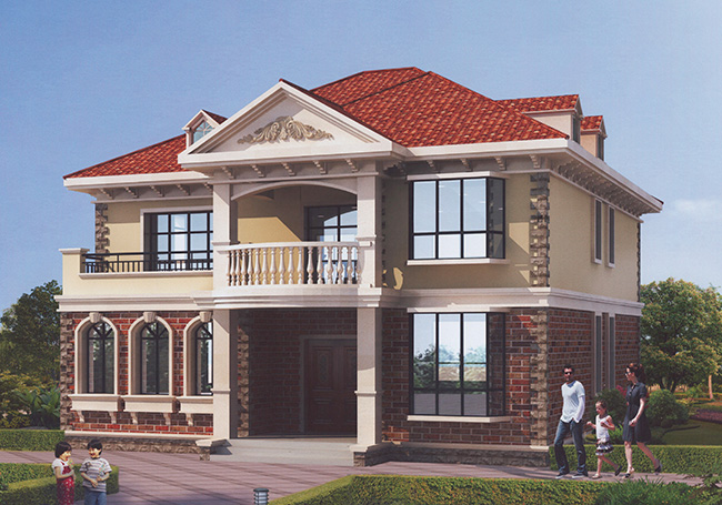 140平二層帶閣樓別墅設(shè)計(jì)方案圖，外觀圖片色彩明快