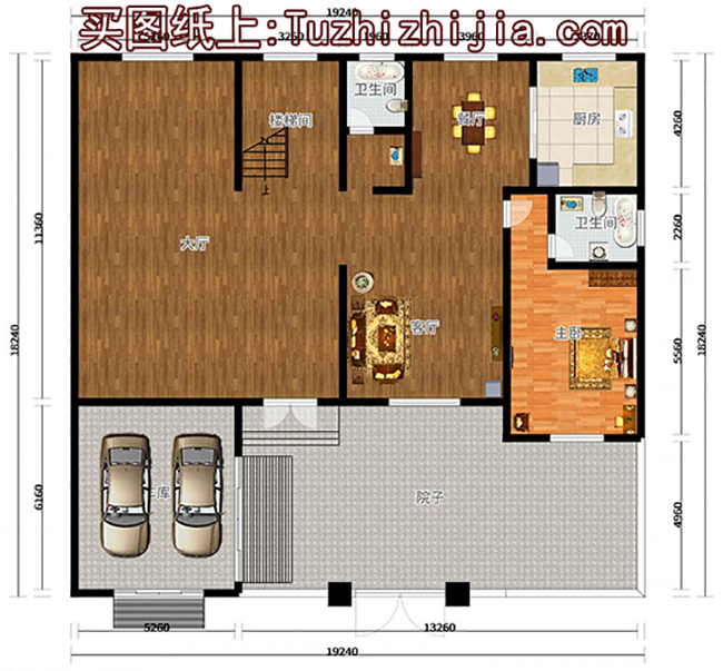 帶院子的四間二層別墅房屋設(shè)計(jì)圖，帶獨(dú)立車庫(kù)