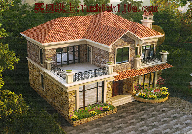 二層美式自建別墅設(shè)計圖，全套施工圖+外觀效果圖