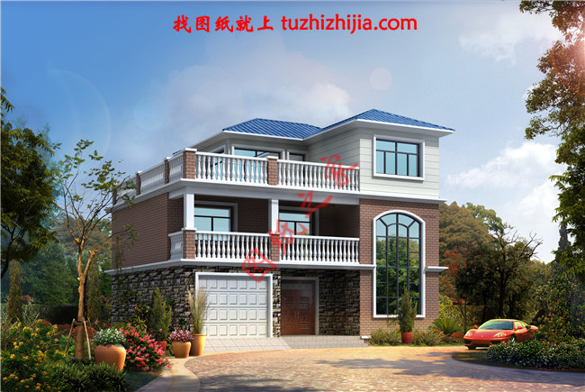 帶車庫現(xiàn)代三層房屋別墅設計圖，占地110平米左右，功能齊全