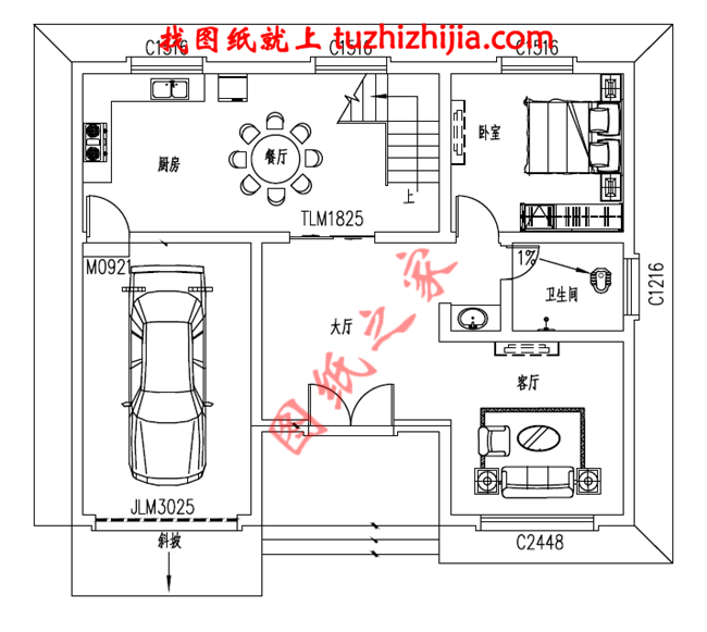 帶車庫現(xiàn)代三層房屋別墅設計圖，占地110平米左右，功能齊全