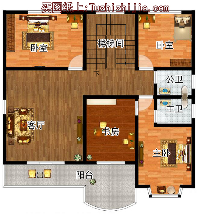 140平二層帶閣樓別墅設(shè)計(jì)方案圖，外觀圖片色彩明快