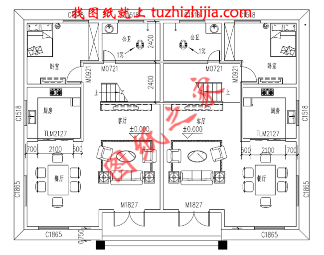兄弟雙拼三層小別墅圖紙，占地210平米，單戶105平米，客廳中空