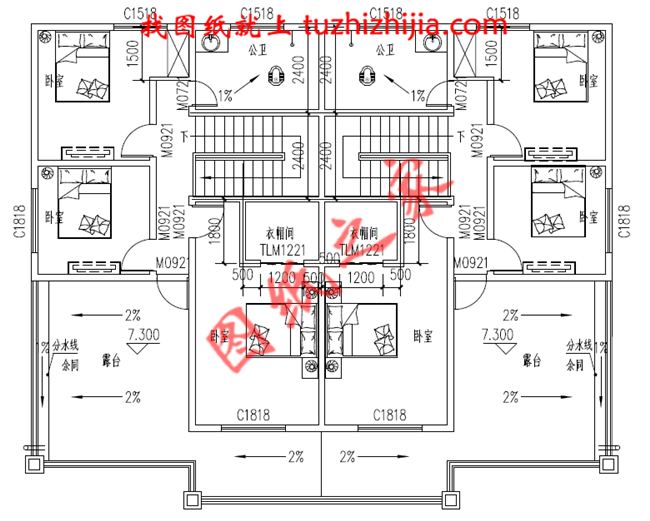 兄弟雙拼三層小別墅圖紙，占地210平米，單戶105平米，客廳中空