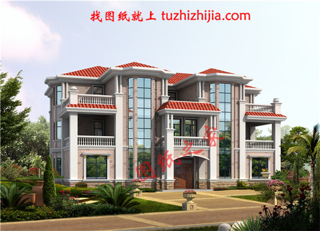 三層兄弟雙拼別墅設(shè)計(jì)圖，外觀大氣漂亮，顏色搭配協(xié)調(diào)，一層為公用客廳