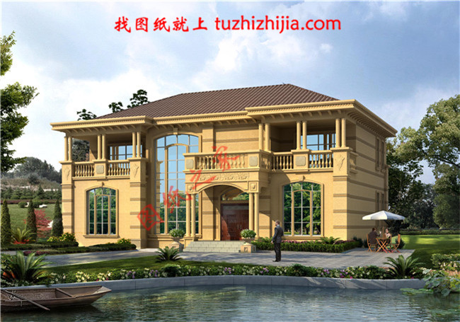 豪華二層別墅設(shè)計(jì)圖紙及別墅圖片，旋轉(zhuǎn)樓梯，內(nèi)設(shè)佛堂，大大落地窗