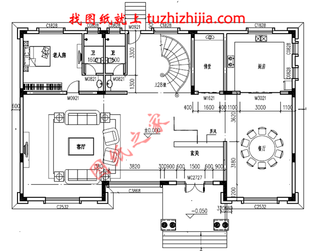 豪華二層別墅設(shè)計(jì)圖紙及別墅圖片，旋轉(zhuǎn)樓梯，內(nèi)設(shè)佛堂，大大落地窗