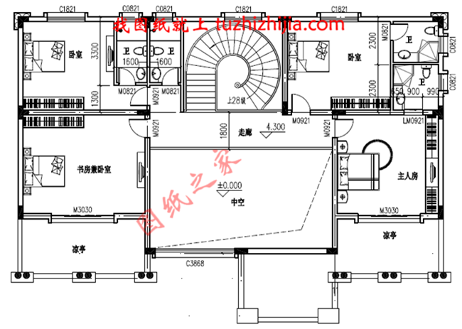 豪華二層別墅設(shè)計(jì)圖紙及別墅圖片，旋轉(zhuǎn)樓梯，內(nèi)設(shè)佛堂，大大落地窗