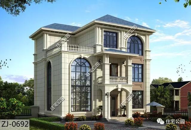 12X12米農(nóng)村簡歐三層樓房設(shè)計(jì)圖，挑空客廳