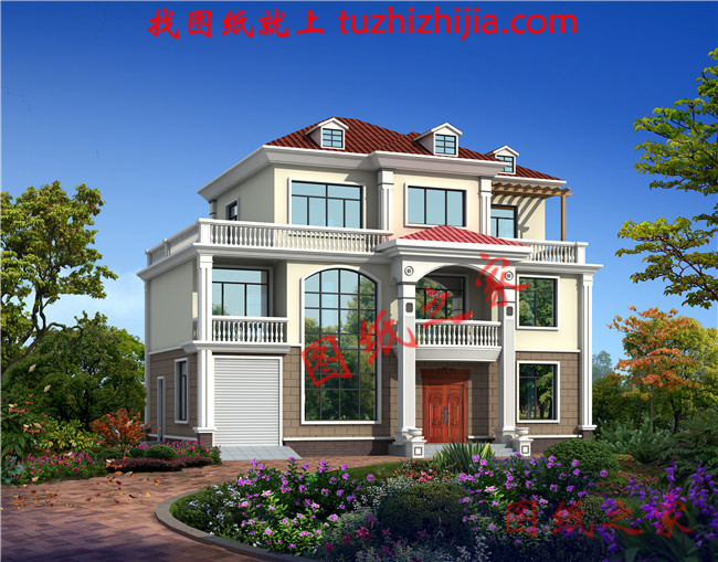 農(nóng)村4間3層樓房設(shè)計(jì)圖，帶車庫，挑空客廳，坡屋頂