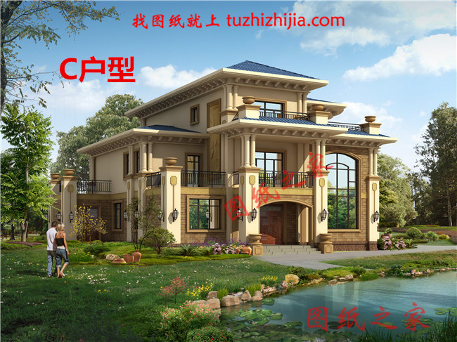 豪華農(nóng)村帶露臺三層樓房別墅設(shè)計(jì)圖紙，占地200平方米左右