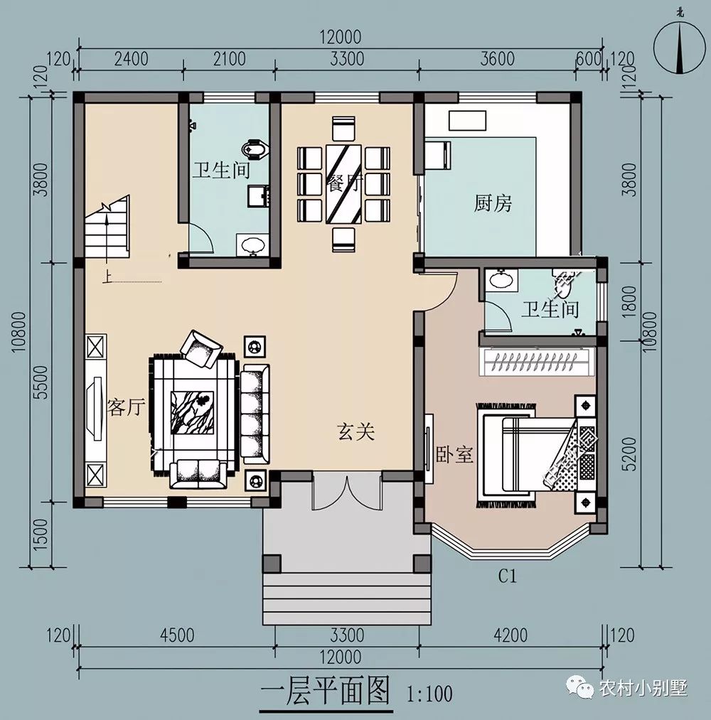 12*11米美式雙層農(nóng)村別墅設(shè)計(jì)方案圖，落地采光窗+坡屋頂