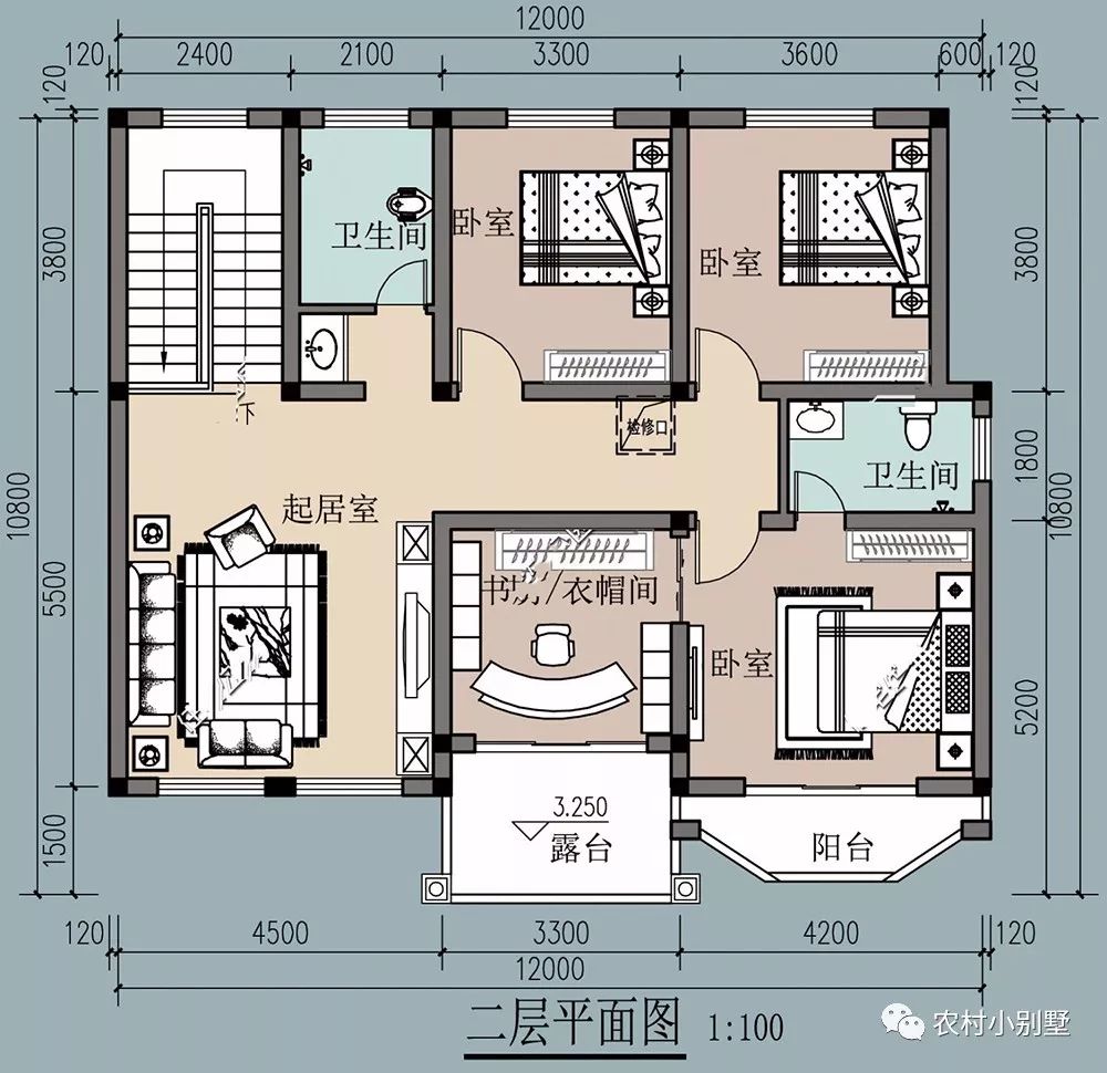 12*11米美式雙層農(nóng)村別墅設(shè)計(jì)方案圖，落地采光窗+坡屋頂