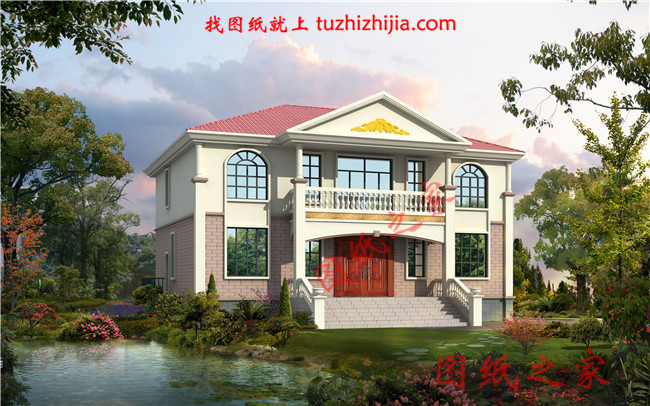 農(nóng)村二層小樓的設(shè)計(jì)圖紙，整體外觀凹凸有致，紅色的坡面屋頂