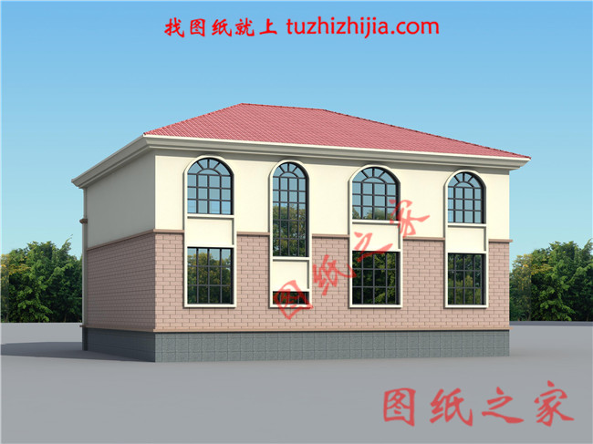 農(nóng)村二層小樓的設(shè)計(jì)圖紙，整體外觀凹凸有致，紅色的坡面屋頂