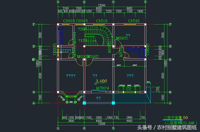 12米X10.8米三層旋轉(zhuǎn)樓梯房屋設(shè)計(jì)圖，拿到即可施工