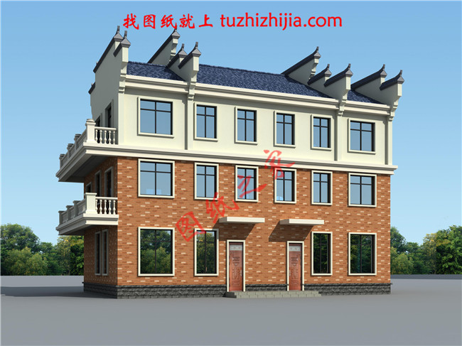 2018新農(nóng)村三層雙拼房屋設(shè)計圖紙平面圖與效果圖，帶堂屋