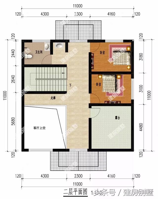 復(fù)式客廳中空11×11米二層別墅戶型圖，主體造價20萬足矣
