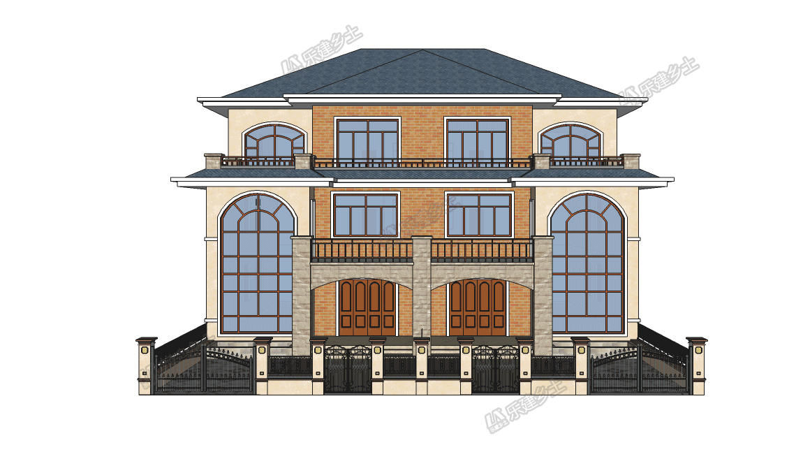 17x15米三層簡歐雙拼別墅，前后院布置滿足室外活動需求