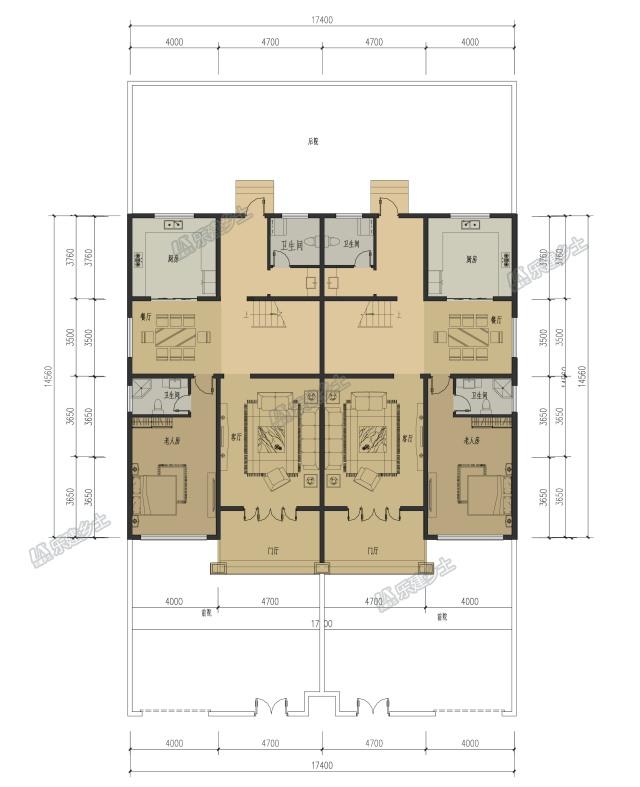 17x15米三層簡歐雙拼別墅，前后院布置滿足室外活動需求