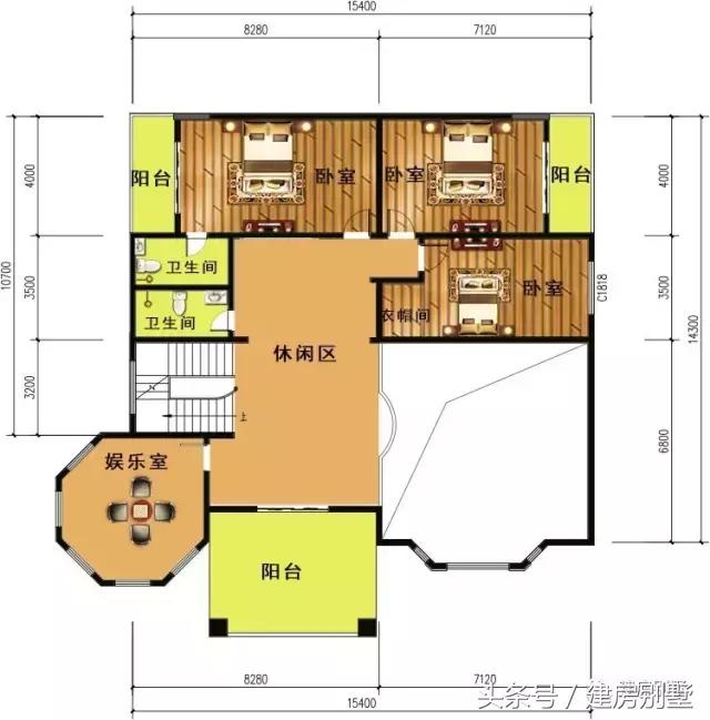 15.4×14.3米三層農村別墅，帶健身房和娛樂室豪華別墅