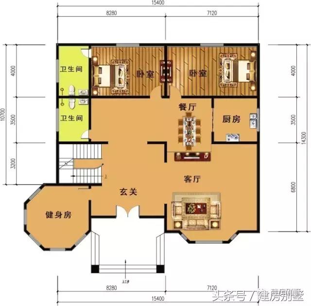 15.4×14.3米三層農村別墅，帶健身房和娛樂室豪華別墅